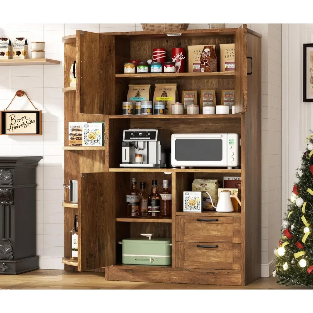 Farmhouse Kitchen Pantry Storage Cabinet with Microwave Shelf,Tall Freestanding Kitchen Hutch-Kitchen Organizers and Storage