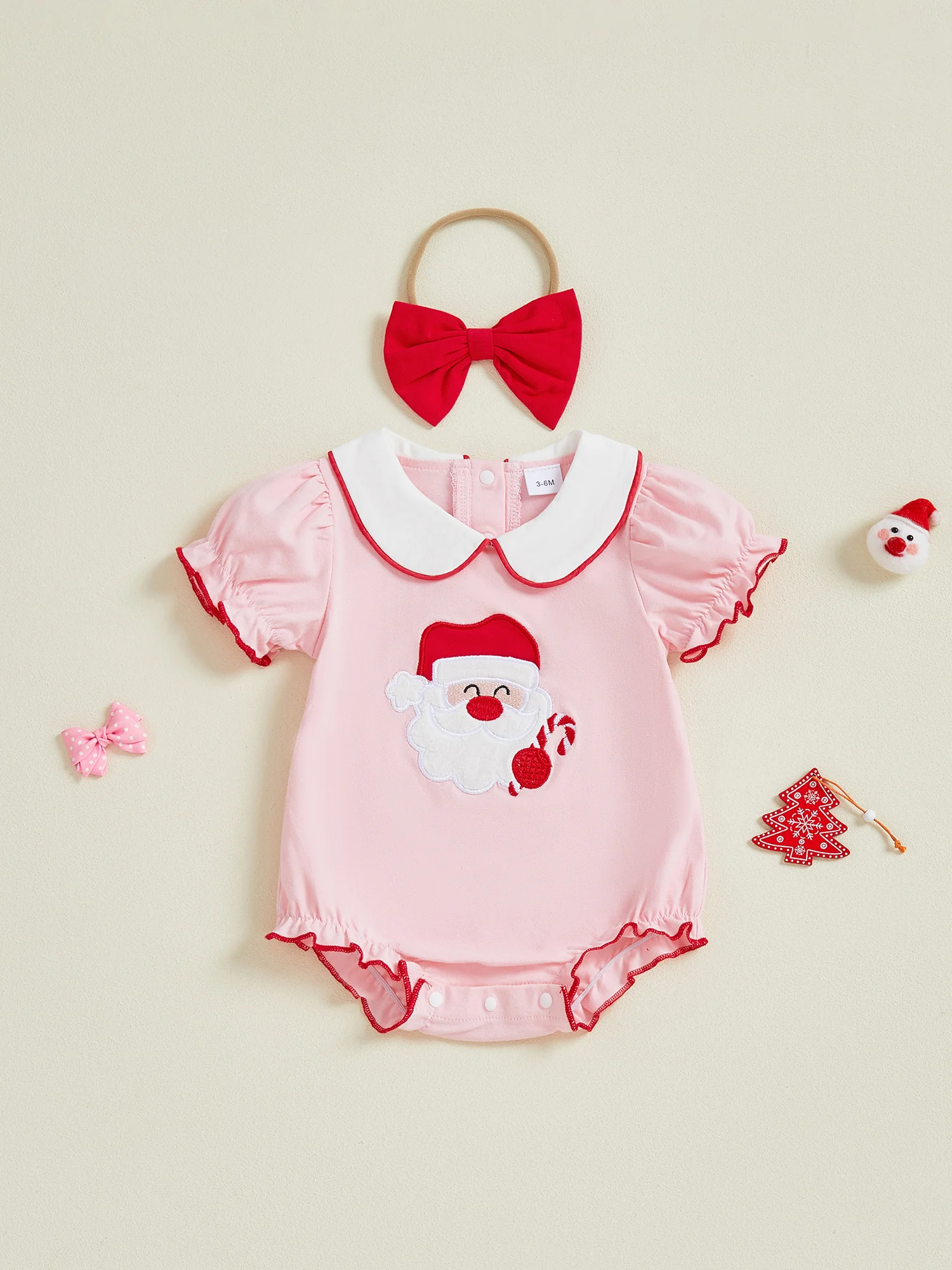 

Рождественский комплект из двух предметов для маленьких девочек, милый комбинезон с короткими рукавами и кукольным воротником, комбинезон с вышивкой Санта-Клауса и повязкой на голову с бантом