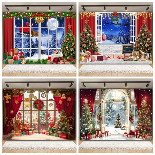 Imagen 2 del producto Fondo de fotografía de Navidad ventana árbol de Navidad regalo juguete oso cortinas Luna nieve niños retrato fiesta familiar fotozona fondo
