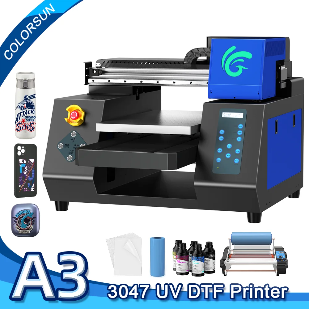 Colorsun A3 UV Printer For Dual XP600 UV DTF Flatbed Printing Machine Sticker Printers for Acrylic Wooden Cylinder Bottle Metal