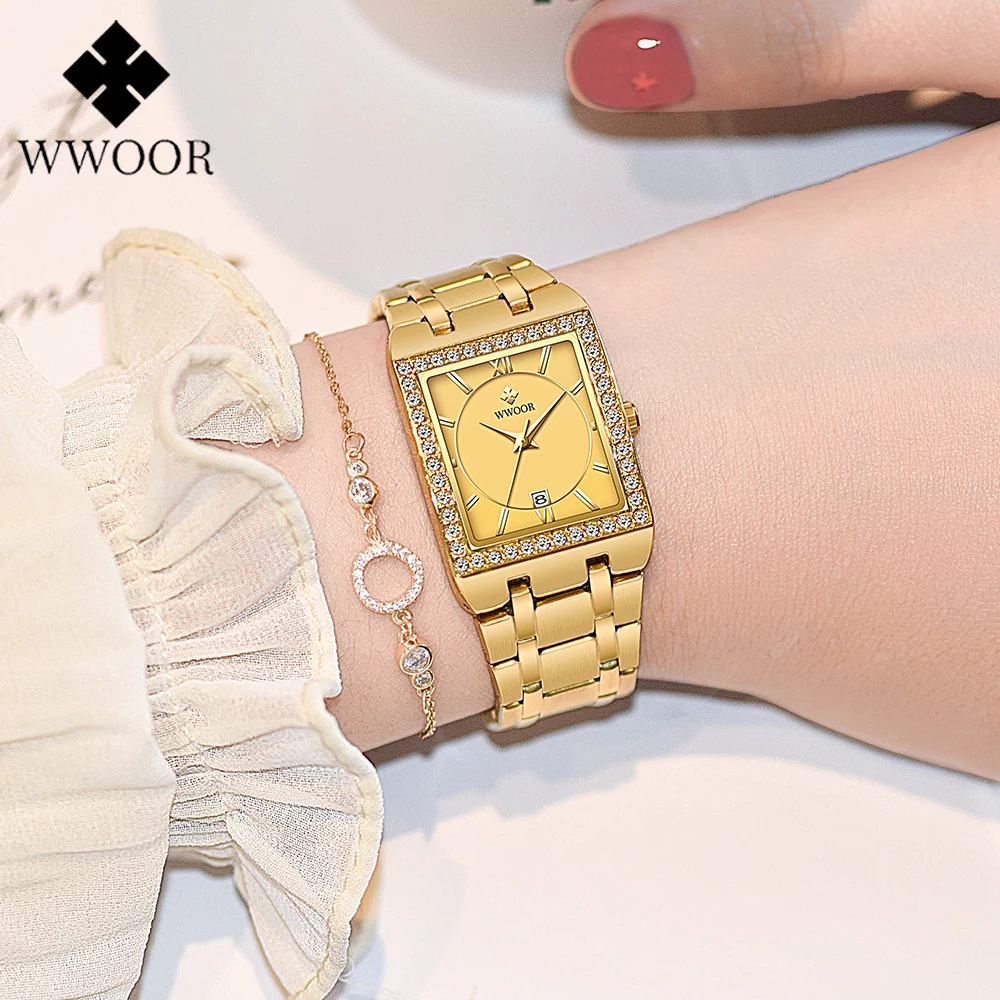 

WWOOR New Ladies Watch Gold Diamond Steel Women's Bracelet Watches Square Small Dress Women Watch Relogio Feminino Montre Femme