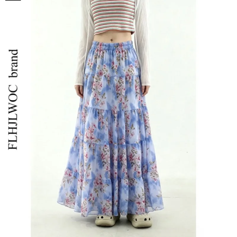 New Year Flower Skirt Chic 2026 Women Cute Sweet Girls FLHJLWOC Band Floral Print Robe Holiday Date High Waist Long Maxi Skirts