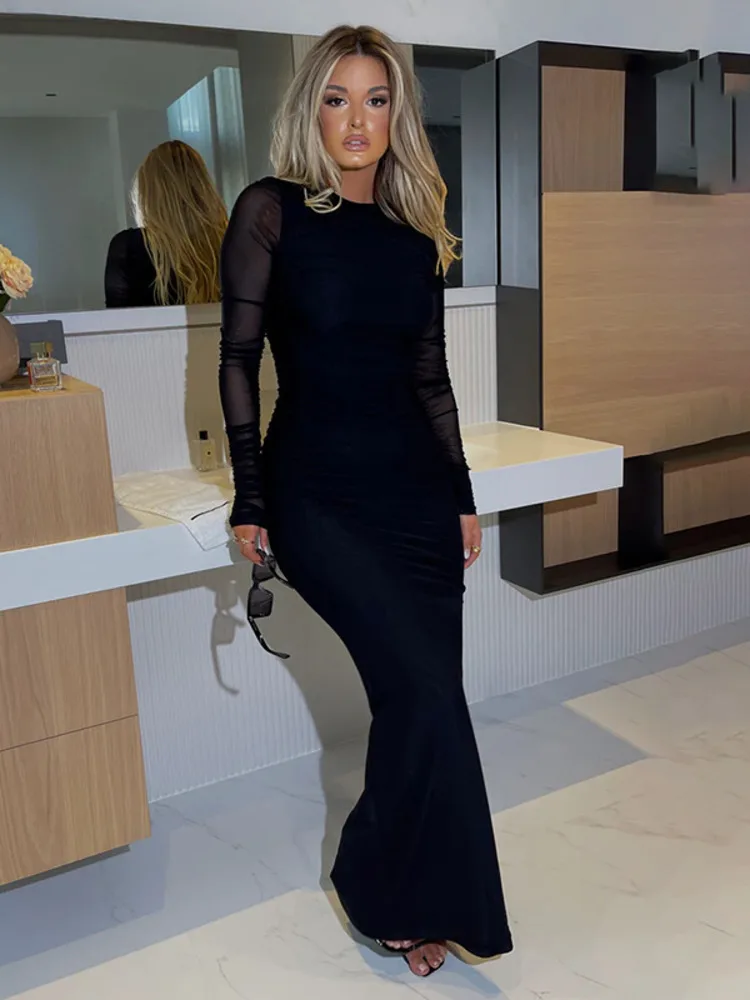 Nuevo vestido largo negro Sexy para mujer otoño nuevo vestido ajustado de manga larga de malla transparente vestidos ceñidos elegantes para mujer ropa para discoteca