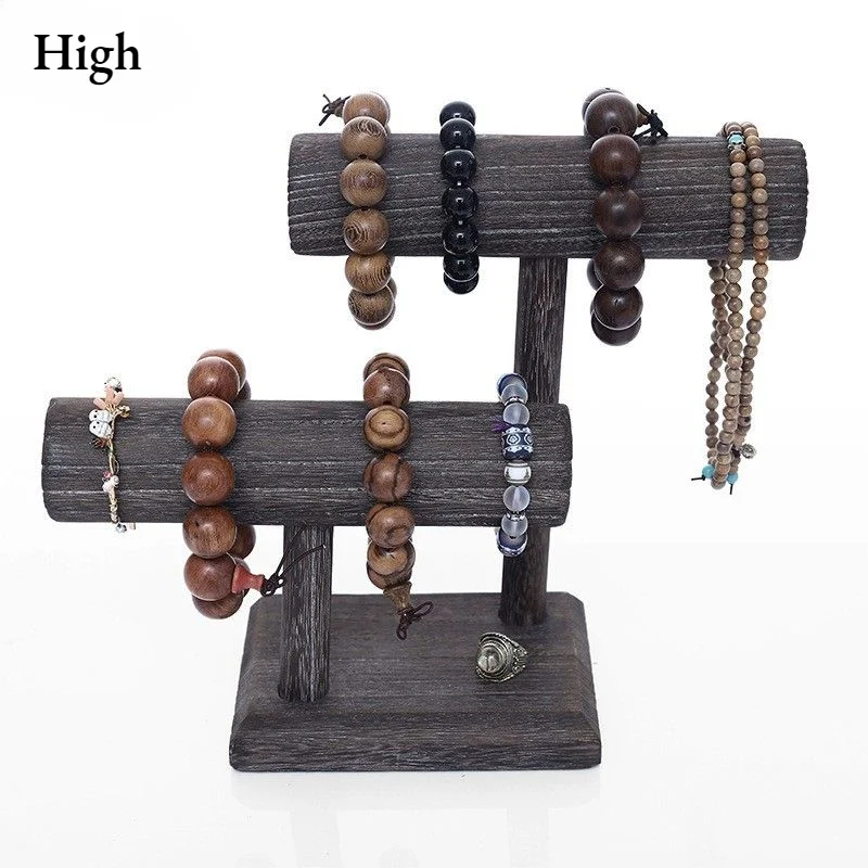 2 Tier Wooden Jewelry Bracelet Watch Display Tower, Bangle Scrunchie Necklace Holder Storage Stand