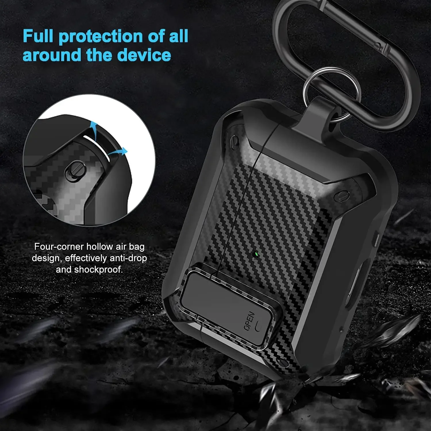 Carbon Fiber Hard Shell Case com Keychain, Secure Lock Clip, Capa para Airpods Pro 2, 2nd and 1st Generation