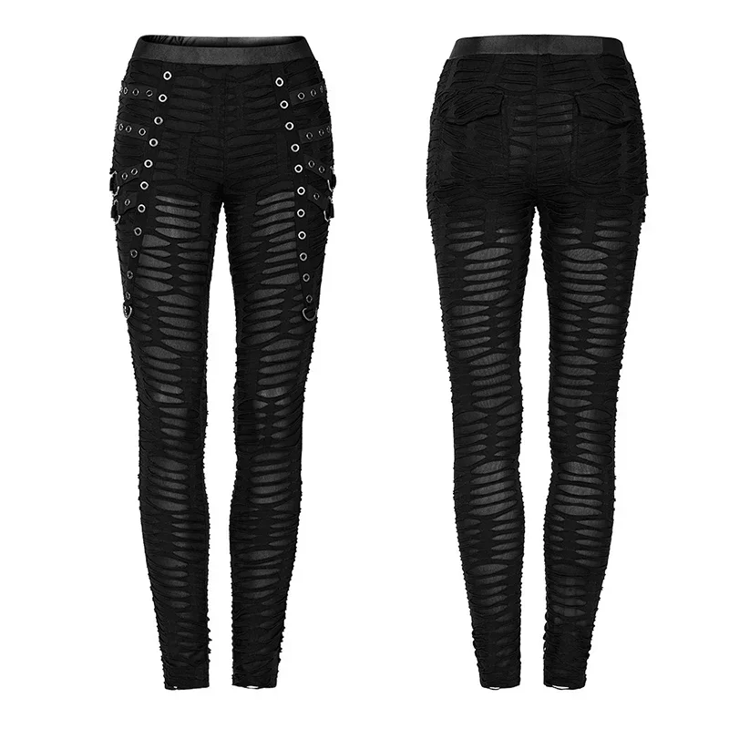 PUNK RAVE Women\'s Gothic Decayed Slim-fit Leggings Punk Meta Eyelets Webbing Personality Thin Black Pants Spring/summer