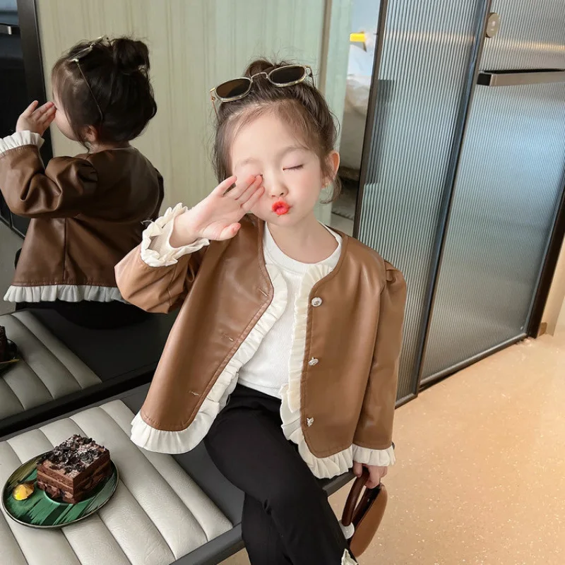 Girls Outerwear Spring and Autumn New Style Western Style Small Fragrant Leather Robe Daily Casual Versatile Temperament