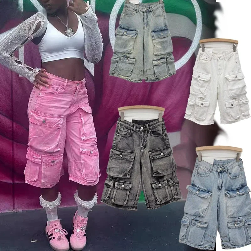 2024 Y2k Streetwear Shorts for Women Vintage Washed Jeans Denim Women Cargo Three-quarter pants