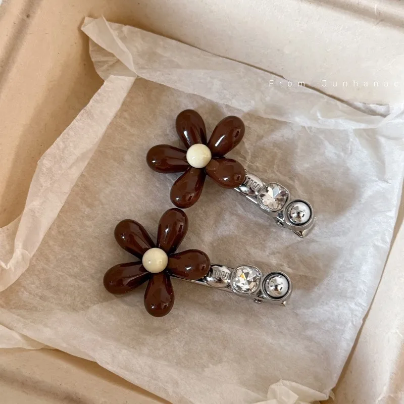 Coffee Color Flower Rhinestone Hair Clip Korean Style Fashion Versatile Bangs Clip Niche Design Sweet Girl Hair Clip Accessories