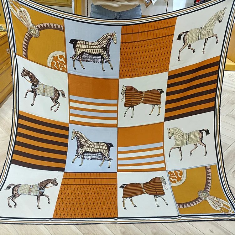 الحرير وشاح من الصوف الشتاء كبير مربع شال رئيس سرق التفاف اليد توالت حواف عصابات للنساء الأوشحة 135 سنتيمتر الحصان طباعة #1