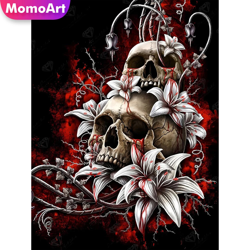 Momoart Skelett-Diamantmosaik Horror-Muster für Erwachsene Anfänger Porträt-Diamantmalerei Lilien-Blumen DIY Feiertagsgeschenke