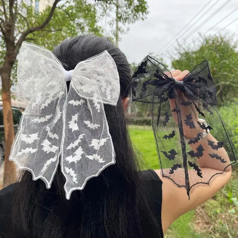 【JYS-7】مشابك شعر على شكل فيونكة سوداء مطرزة بالدانتيل من التول ودبابيس شعر على الطراز القوطي وإكسسوارات شعر تنكرية للهالوين المخيف