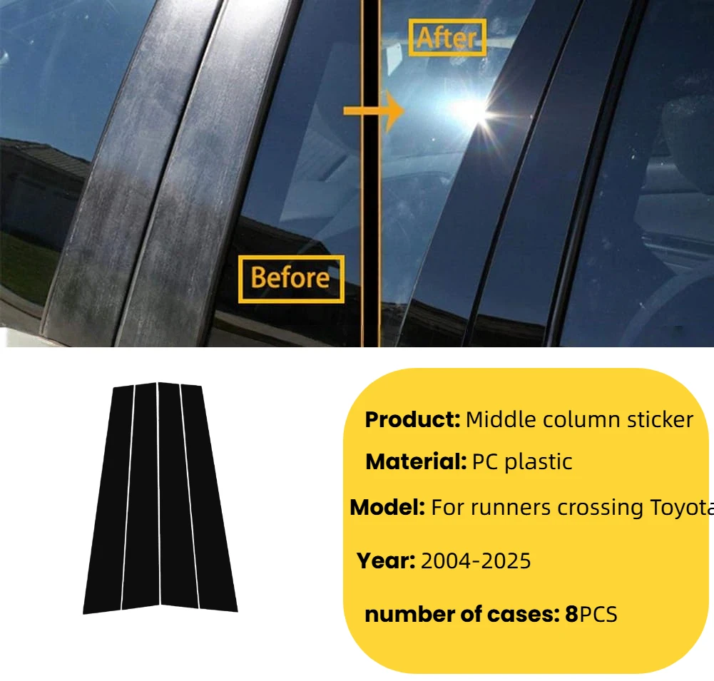 For 2005-2025 Runner Crosser Toyota Fortuner Window Decoration Door Frame Cover Glossy Black Center Pillar Sticker