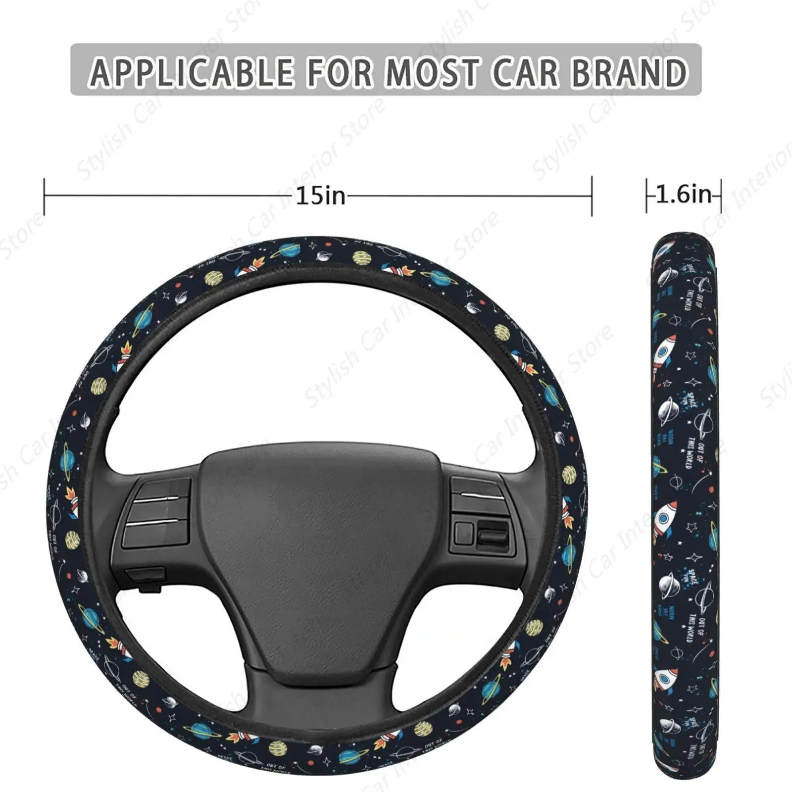 Cartoon Space Rockets Elastic Stretch Steering Wheel Cover, Anti-Slip and Durable Car Steering Wheel Accessories for Women Men