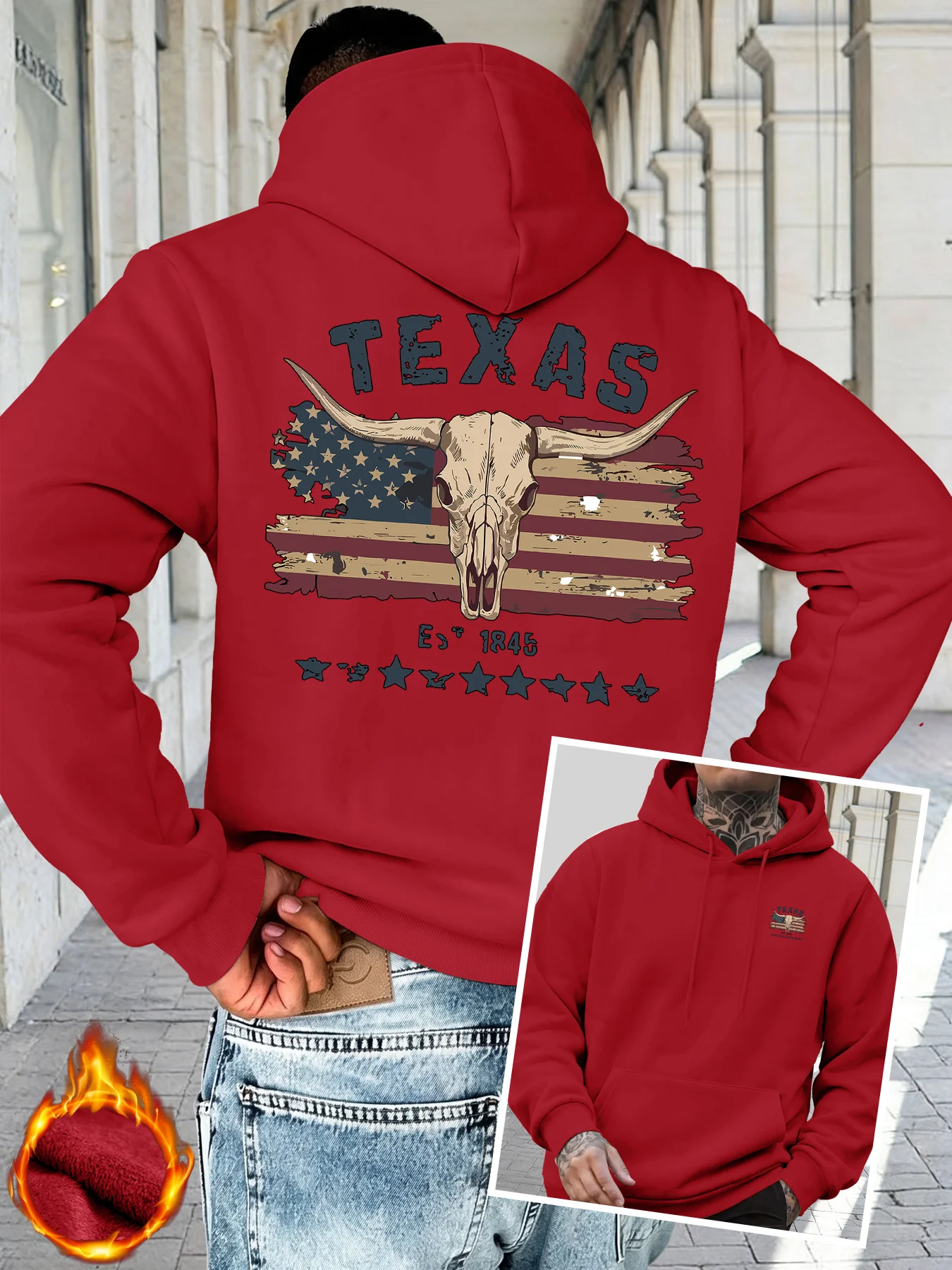 Herren Texas Longhorn Skull Sport-Hoodie Vintage Amerikanische Flagge Print Oversized Pullover Kapuzenpullover Herbst Winter – Detail 5