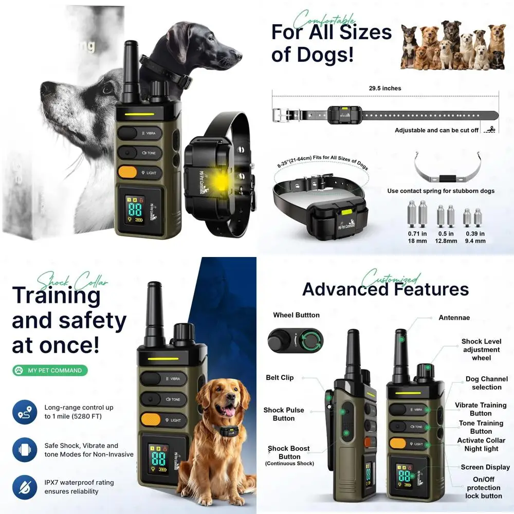 

1 Mile Range Dog Training Collar with Remote, Safe Shock, Vibrate, Tone, Flashing Lights, Waterproof & Rechargeable, Expandable