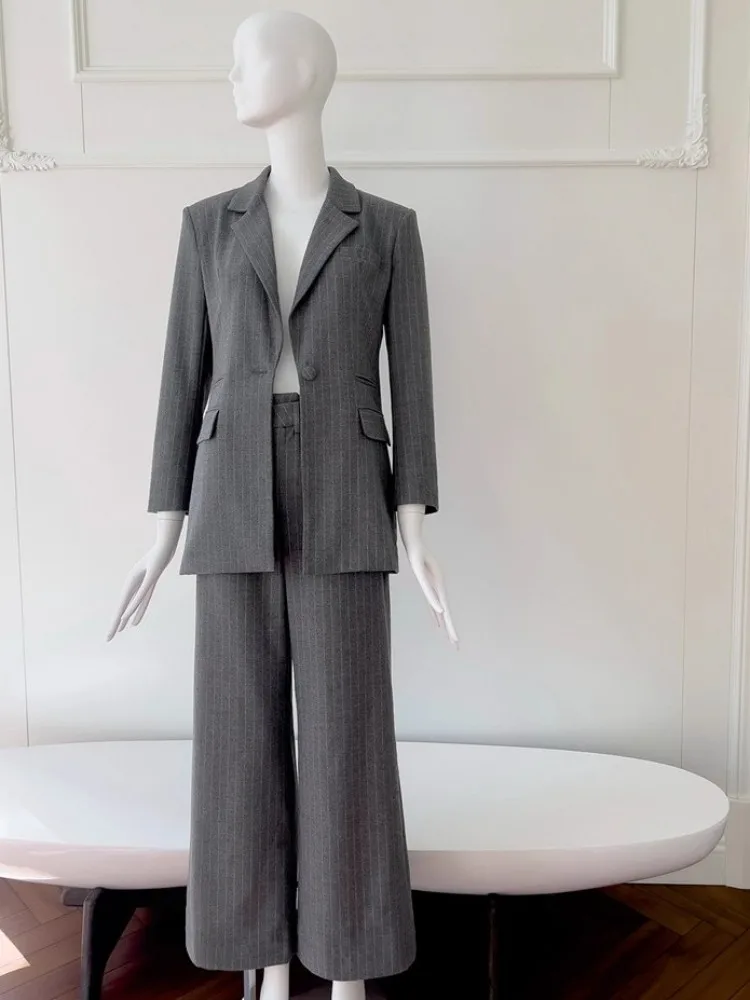 Office Ladies Vintage Single Button Striped Suit Jacket High Waist Wide Leg Pants Two Piece Set Women Work Elegant Matching Sets