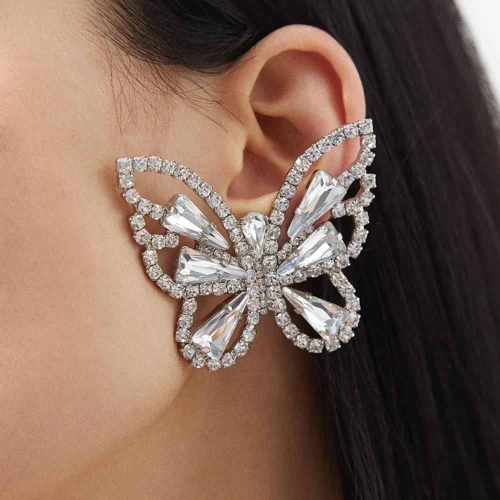 Stonefans Hollow Butterfly Rhinestone Clip on Earrings No Piercing Fashion Women Zircon Clip Earrings Prom Party Jewelry Gifts