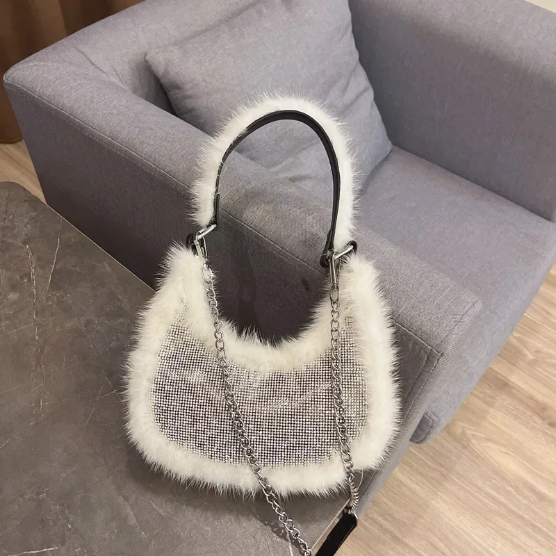 Autumn Luxury Mink Hair Women Handbag Glitter Shiny Diamonds Evening Bag Wedding Party Clutch Purse Shoulder Crossbody Bag