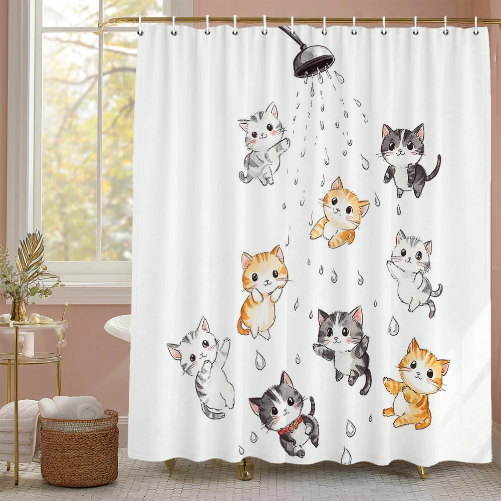 

Cartoon Cute Bathing Cat Shower Curtain, Bathroom Decorative Shower Curtain, Home printed baby Shower Curtain with Hooks