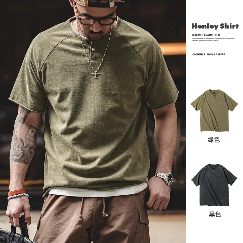 Maden Japanese Vintage Heavyweight Henley T-Shirt Men Distressed Loose Short Sleeve Tops Casual Button Cotton Washed Tee Shirts