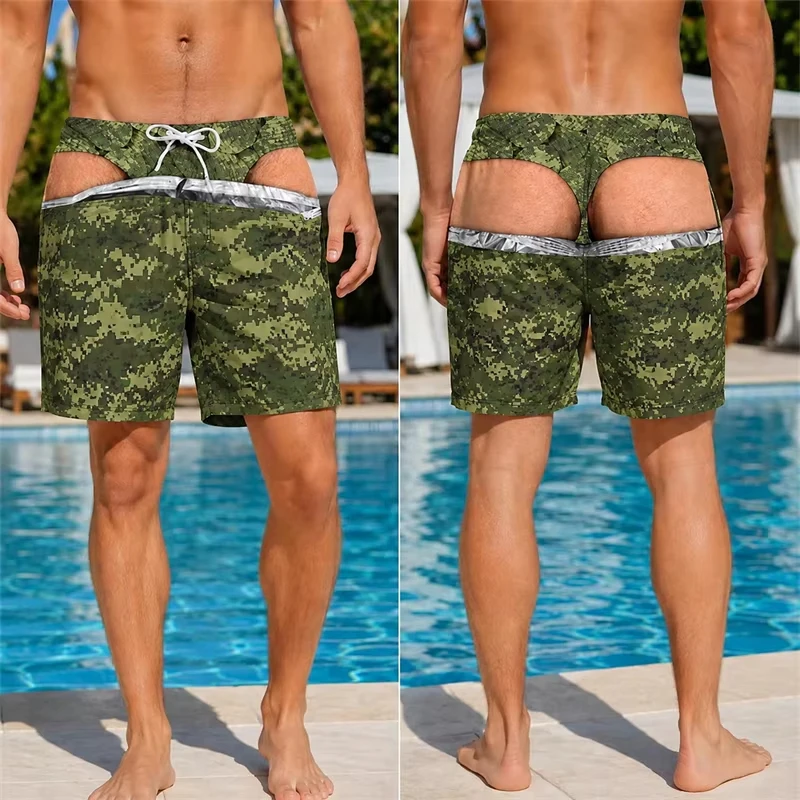 Unisex Tropical Camo Funny 3D Optical Illusion Swim Trunks Fake Cut‑out Drawstring Quick‑Dry Beach Shorts for Holiday Party