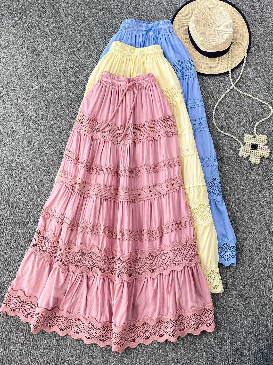 تنورة كعكة من الدانتيل الحلو للسيدات بخصر عالٍ للتخسيس ميدي f تنورة وردية لطيفة للرياح Sle للتنقل مضادة للتجاعيد كورية... #1