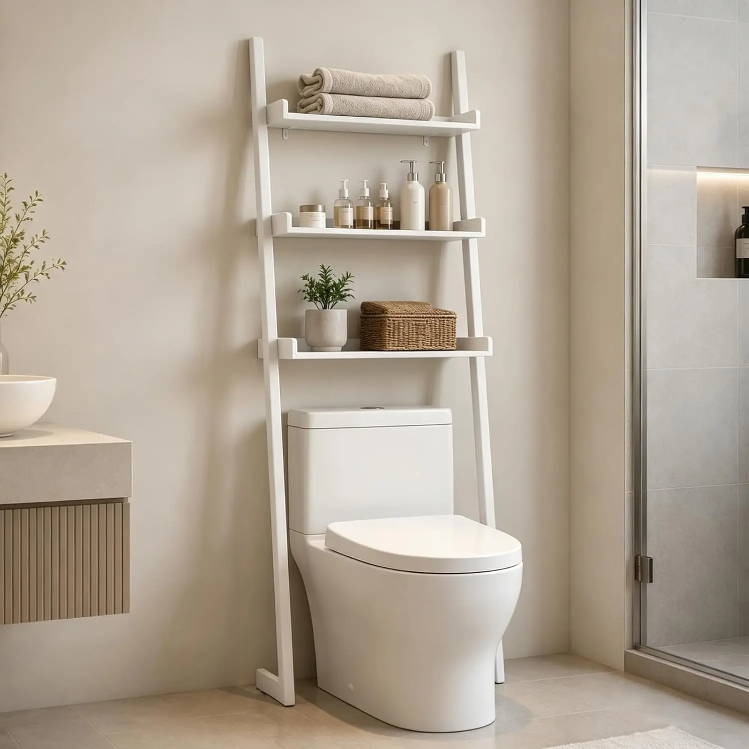 3-Tier Bamboo Over Toilet Storage Cabinet Anti-Tilt Non-Slip 180lb Small Bathroom Space Saver, Customized