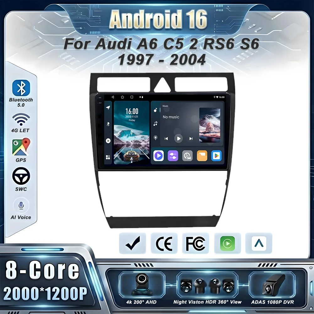 Car Android 16 Auto Radio For Audi A6 C5 2 RS6 S6 1997 - 2004 Multimedia Player Stereo Head Unit No 2din DVD QLED Screen 5G HDR
