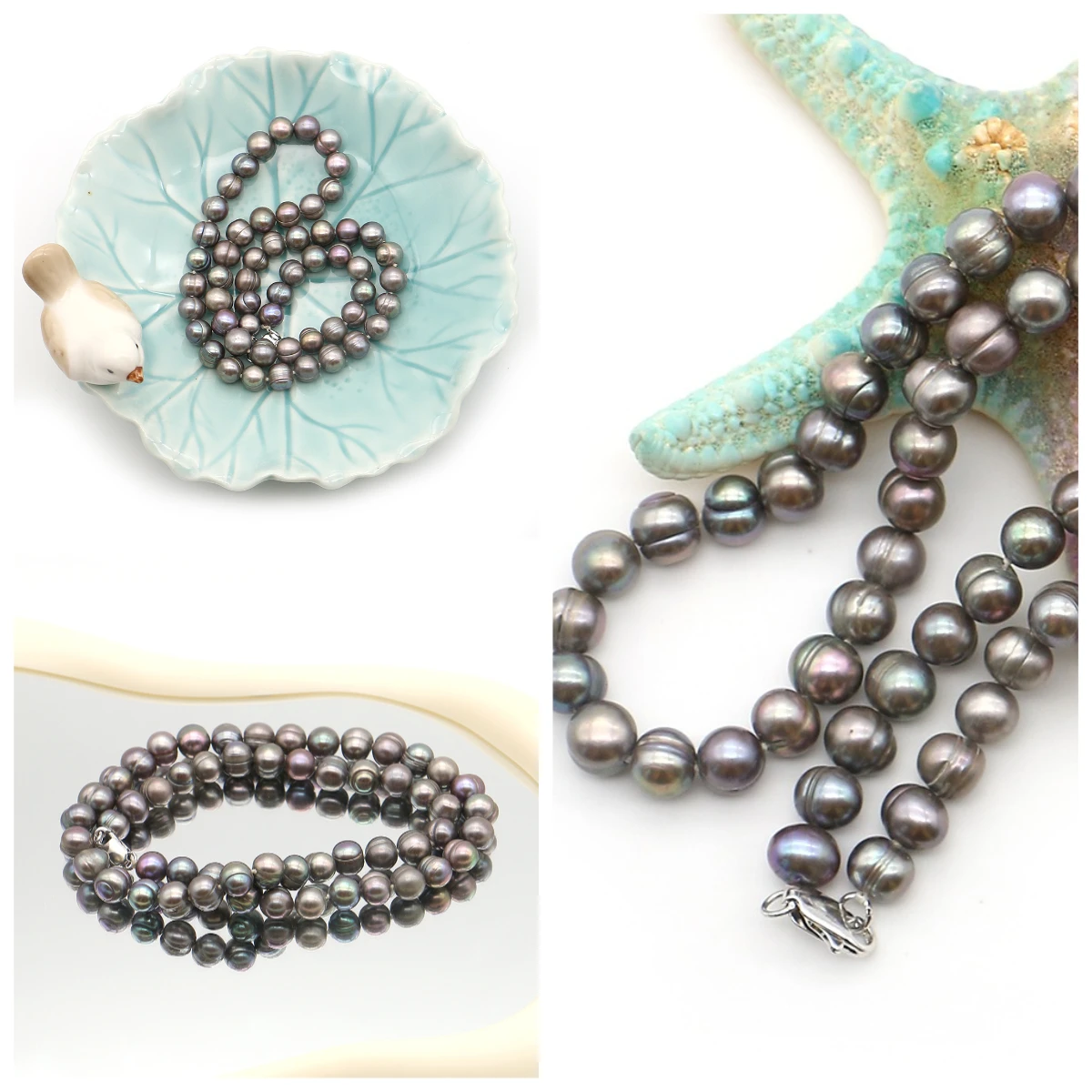 

Threaded Round Beaded 7-8mm Natural Freshwater Baroque Dyed Pearl Necklace Paired with Lobster Clasp Fashion Collarbone Chain