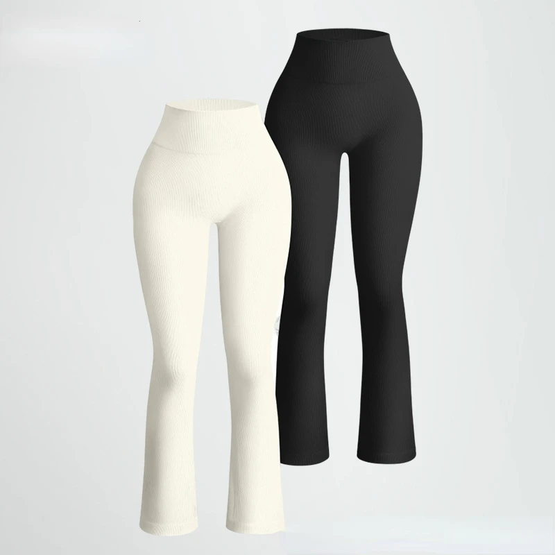 New Flared Leggings Women Thread Knit Leggings Gym Workout  Yoga Fitness Seamless High Waist Hip Liftting  Stretchy Sports Pants