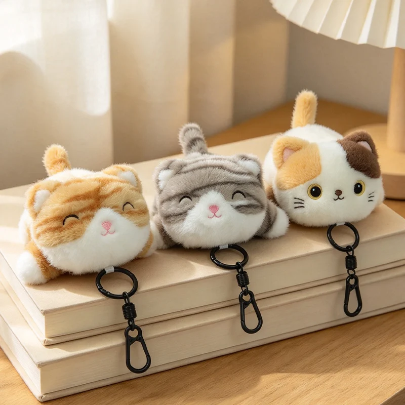 Cute Lying Cat Plush Keychain Soft Fluffy Kitten Stuffed Pendant Bag Charm Key Ring Kawaii Backpack Decoration Birthday Gift
