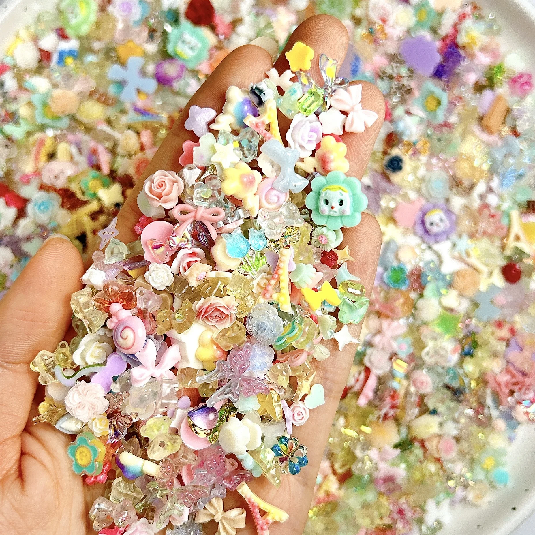 100pcs Mixed Nails Charm Design 3d Nail Art Decorations Kawaii Butterfly Star Flower Bow Heart Manicure Parts Фигурки Для Ногтей