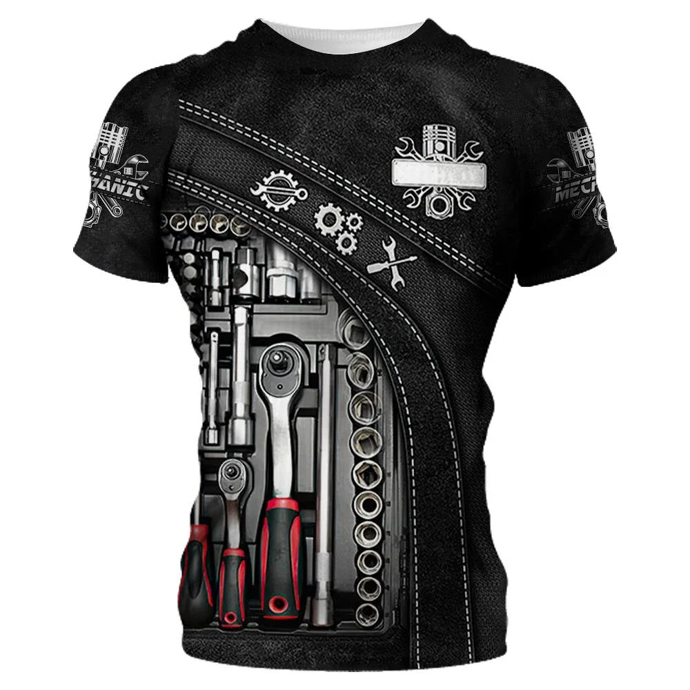 Summer Men Short Sleeved Mechanical Tools 3D Printing MEN'S Casual Street Style Stretch Round-neck T-shirt Personality image 3