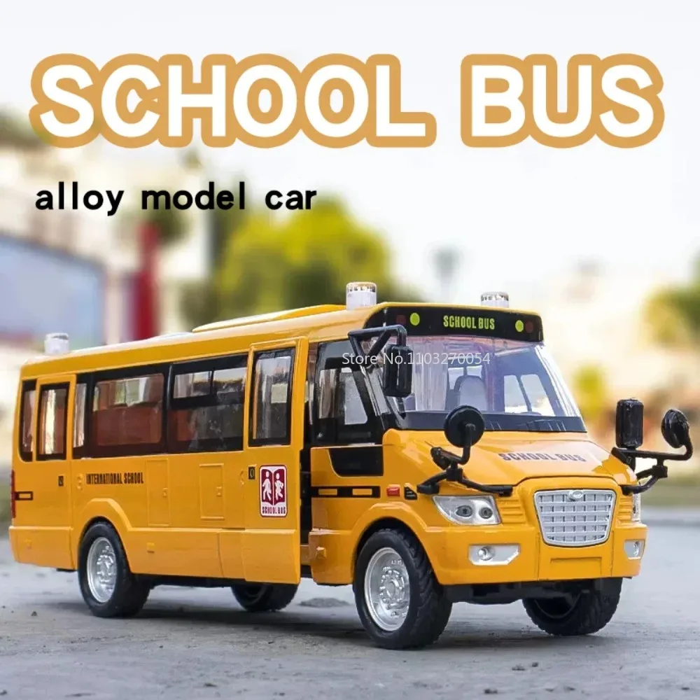 1:32 American School Bus Alloy Toy Car Model Diecast Metal Bus Vehicle Sound Light 5 Door Open Kids Educational Gifts Collection