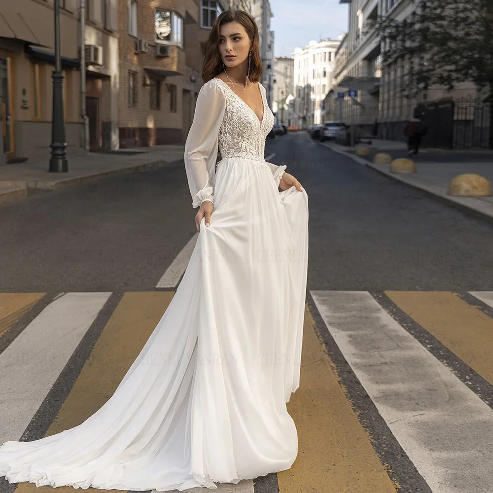 Women V-Neck Long Sleeves A-line Wedding Bride Dress Lace Applique Dress For Womem Soft Chiffon Wedding Dresses Customized