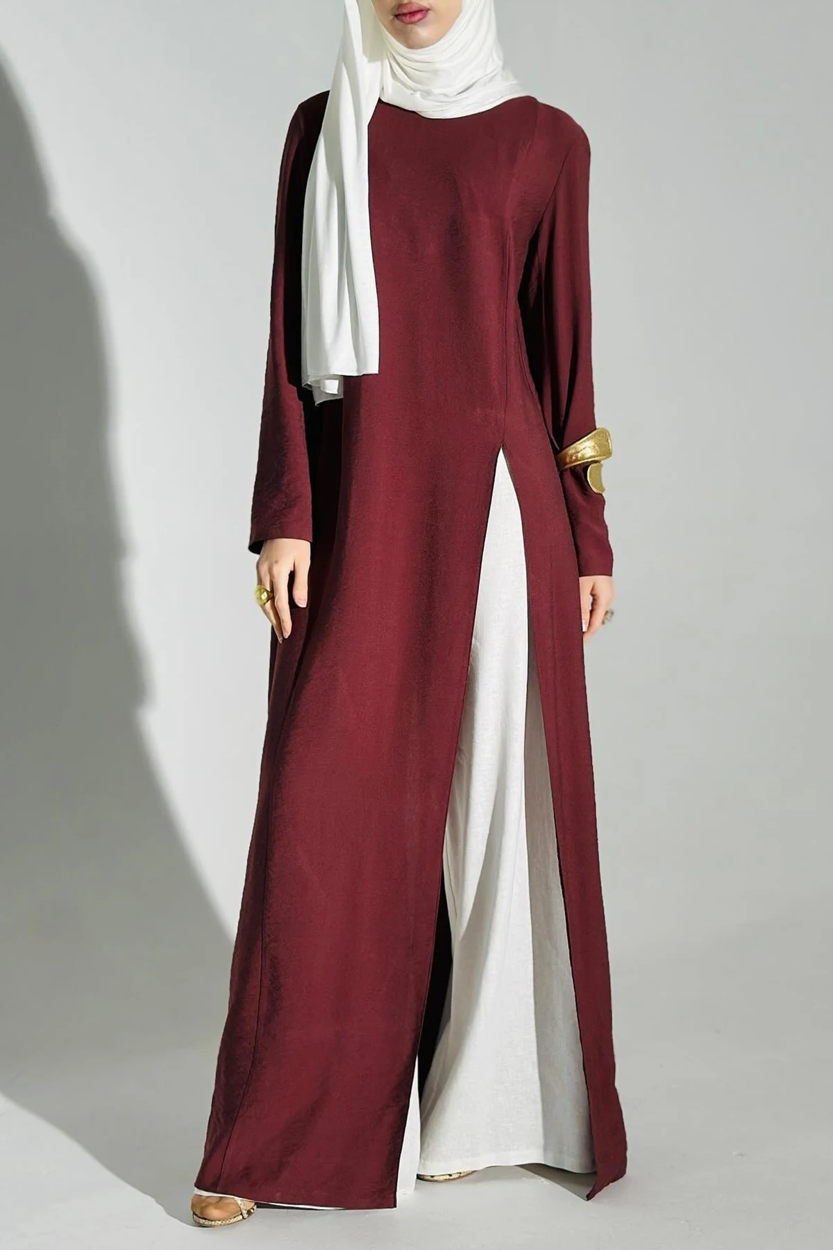 

2025 Women's Muslim Solid Linen Long Sleeve Split Dress & Wide Leg Pants 2Pcs Set