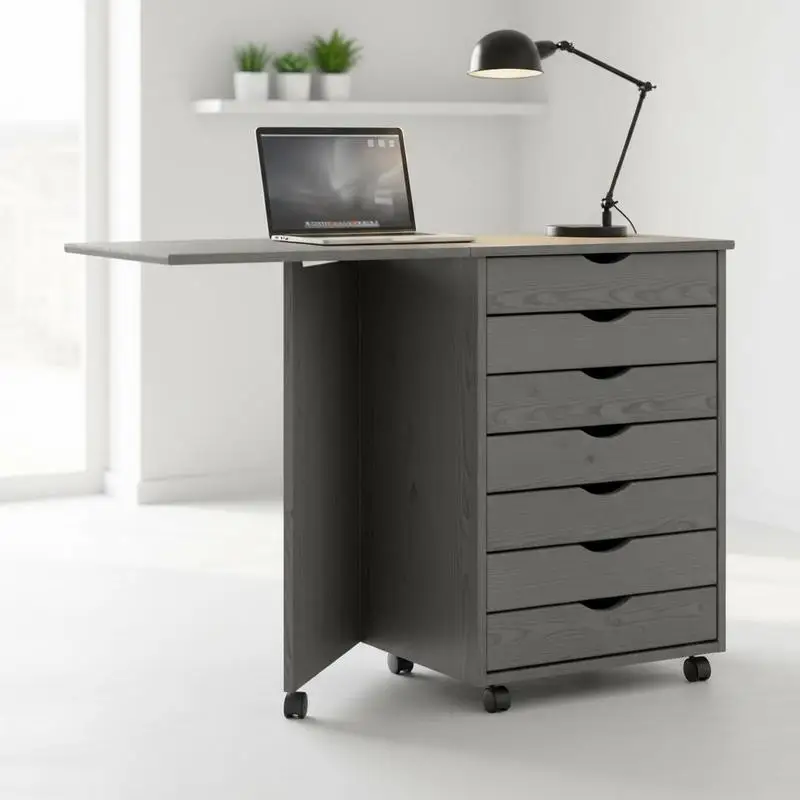 Mobiler Rollschreibtisch-Schrank mit klappbarer Arbeitsplatte – Büroschrank aus massivem Kiefernholz für Home-Office, Wohnzimmer und Arbeitsbereich