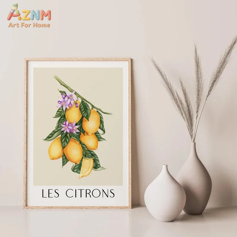 AZNM Les Citrons - Lienzo decorativo con diseño de ramas de limón, acuarela, frutas amarillas, textura floral, texto en francés, sin marco, para cocina de estilo rústico