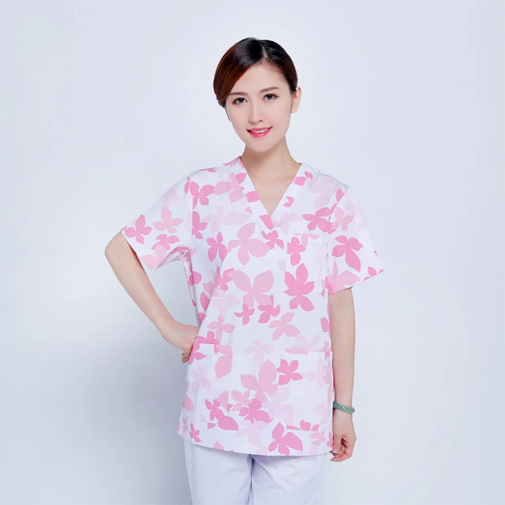 

1 Set Maple Pattern Cotton Short Sleeve Hospital Uniform Two-Piece Working Suit V-Neck For Beautician Nurse Clinic Medical Lab
