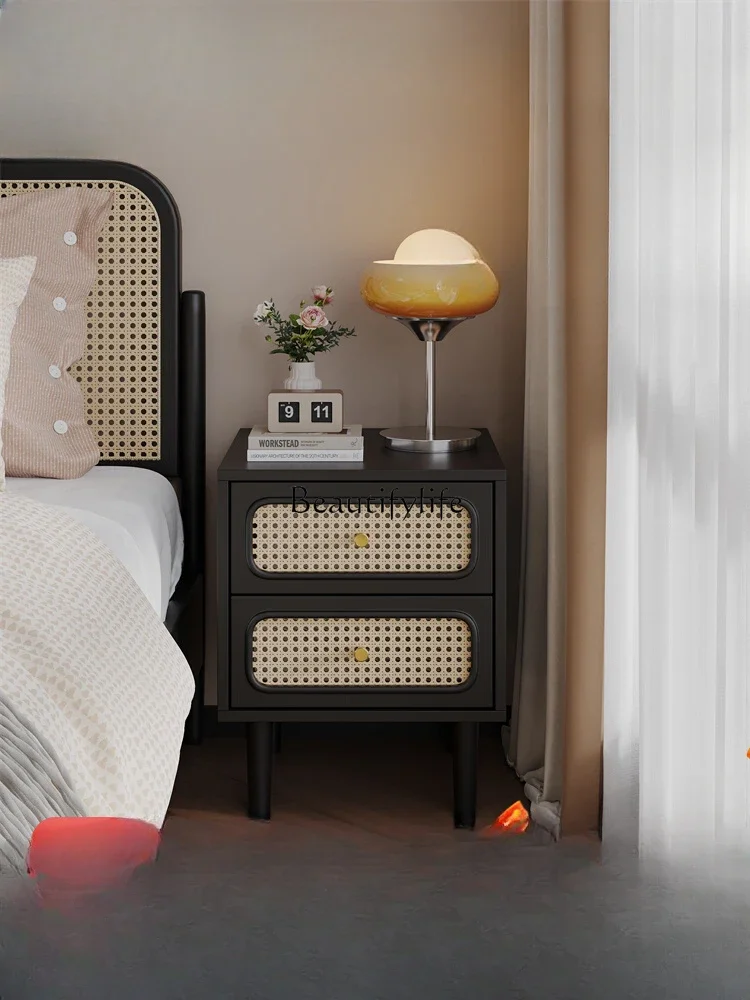 New retro rattan bedside table medium antique style bedroom simple modern black versatile bedside storage cabinet