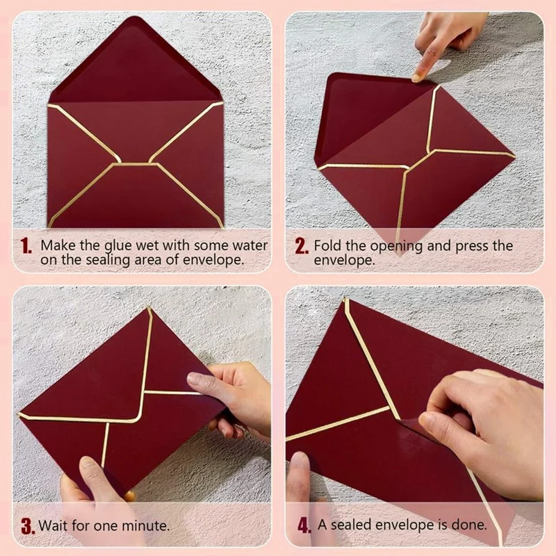 100 buah A7 amplop undangan Burgundy dengan pinggiran emas, 5X7 inci, v-flap, segel cepat-sempurna untuk acara khusus