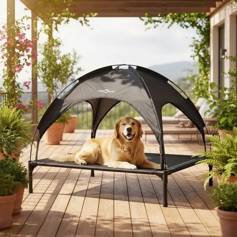 Lit pour chien en acier noir 90x81x805 cm, grand lit surélevé pour animaux de compagnie avec coussin pour intérieur/extérieur, robuste et rafraîchissant