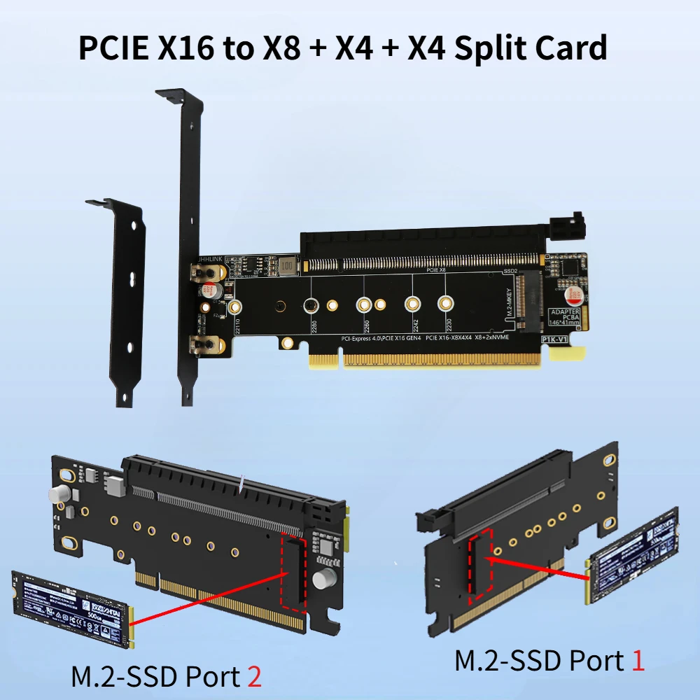 New PCIe 4.0 X16 Splitter Adapter Card PCIe X8 + 2* (M.2 M-key NVMe) SSD Expansion Card for X8X4X4 / X8X8 / X4X4X4X4 Bifurcation