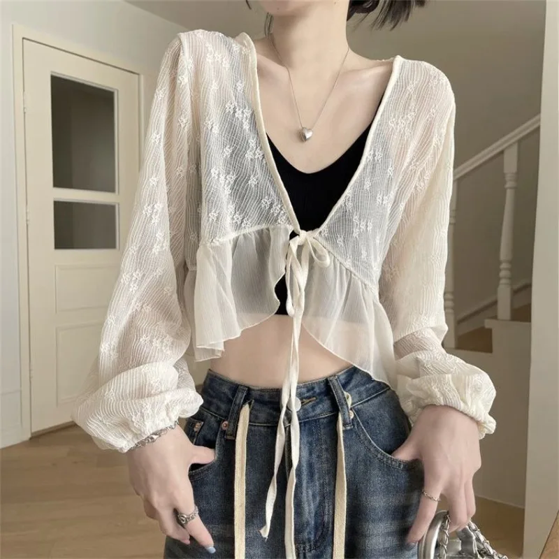 

Gothiscyn Long-sleeved Lace Shirt for Women's Summer V-neck Thin Lace-up Long-sleeved Short Top Fashion Female Clothes