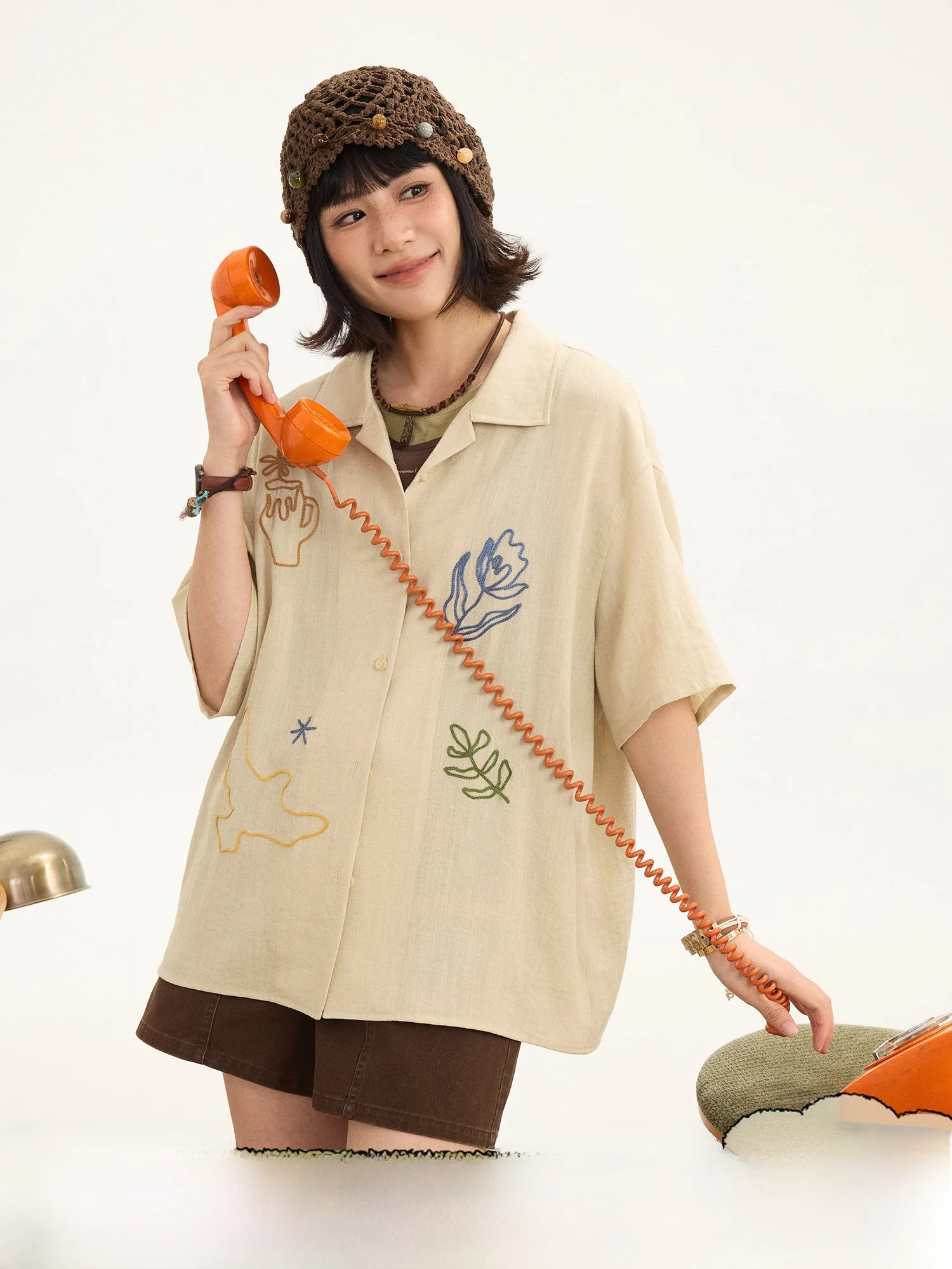 

Рубашка свободного кроя из хлопково-льняной смеси с кубинским воротником, вышивкой и текстурой, летняя, женская, повседневный стиль, с коротким рукавом, открытый кардиган