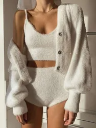 Women's 3-piece Set Korea Style White Cardigan Furry Single-breasted Button Tank Top Knitted Sweater Jumper Shorts Pants Set