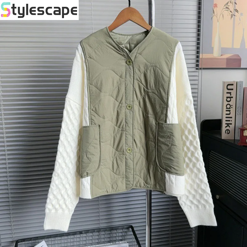 

South Korea Dongdaemun 2025 Autumn/Winter Retro Cotton Jacket Splicing Knitted Cardigan Women's Design Sweater Jacket Sweater