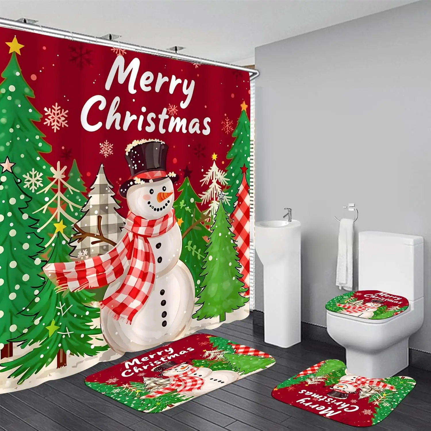 

4PCS Red Merry Christmas Snowman Shower Curtain for Bathroom Christmas Tree Bathroom Sets with Shower Curtain and Rugs with