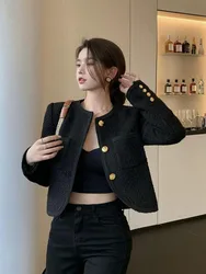 Zoki Casual Cropped Black Tweed Jacket Women Casual Long Sleeve O Neck Vintage Suit Coat Korean Elegant Buttons Pockets Outwear